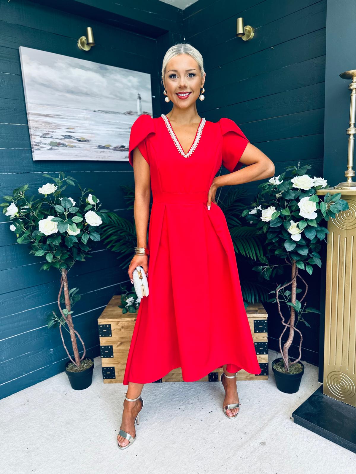 Penelope Pearl Detail Occasion Dress Red