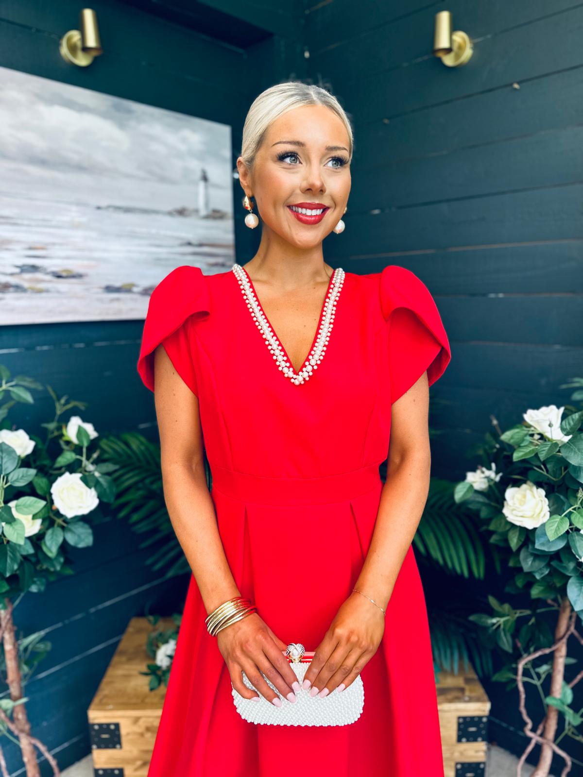 Penelope Pearl Detail Occasion Dress Red