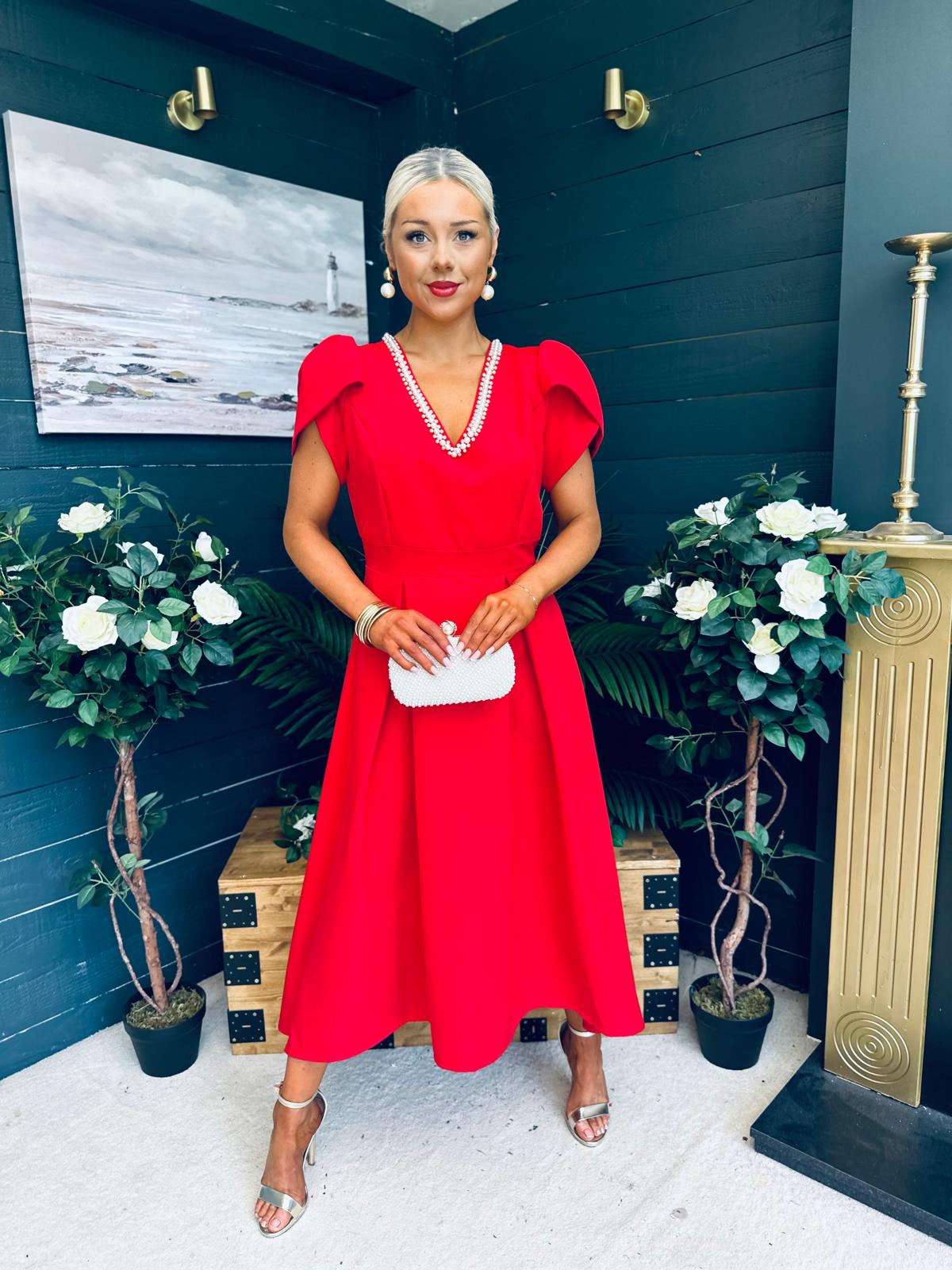 Penelope Pearl Detail Occasion Dress Red
