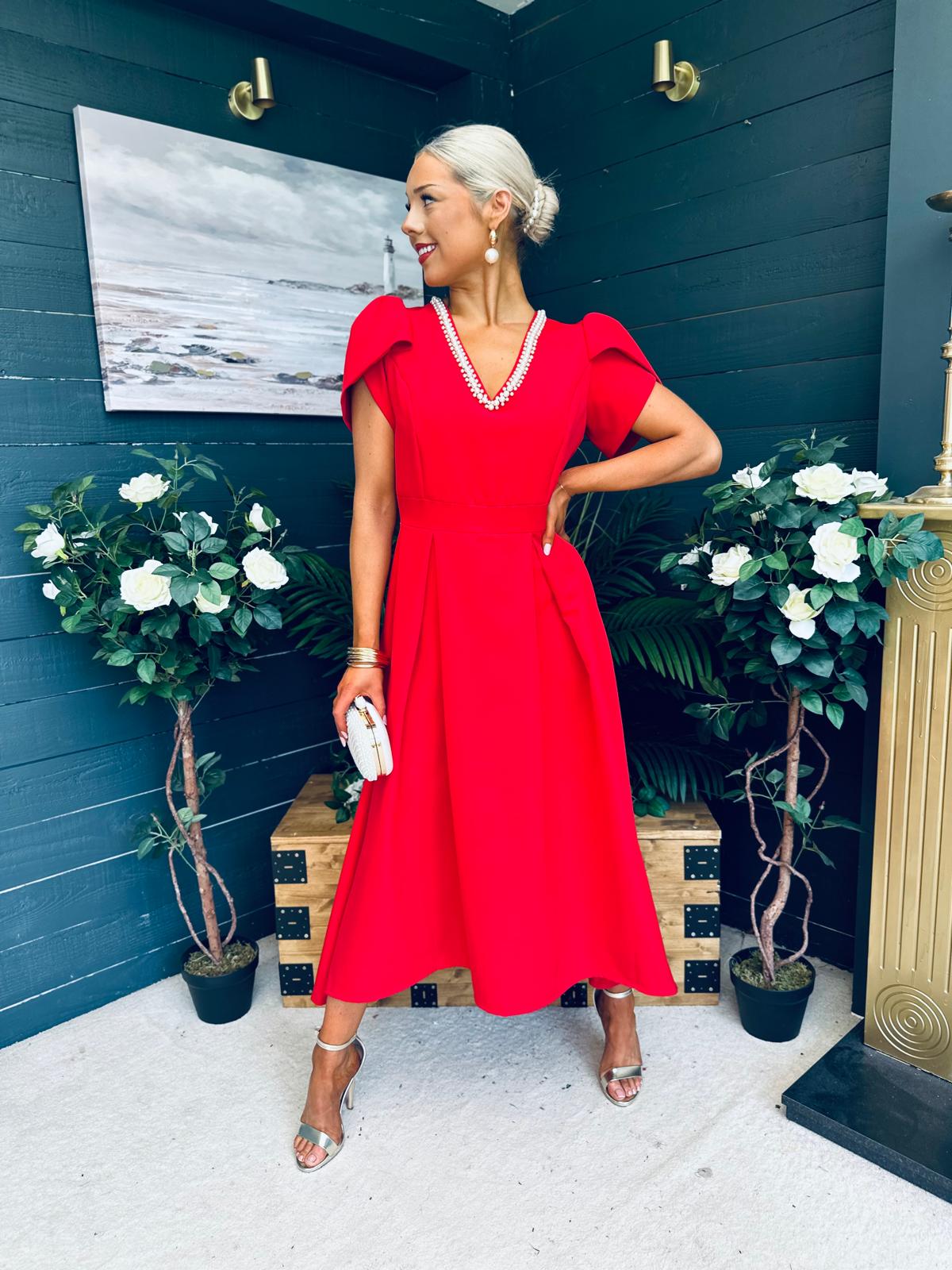 Penelope Pearl Detail Occasion Dress Red