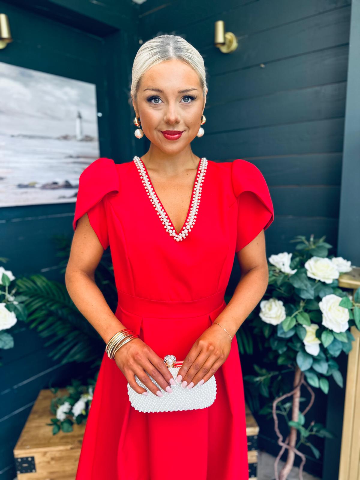 Penelope Pearl Detail Occasion Dress Red