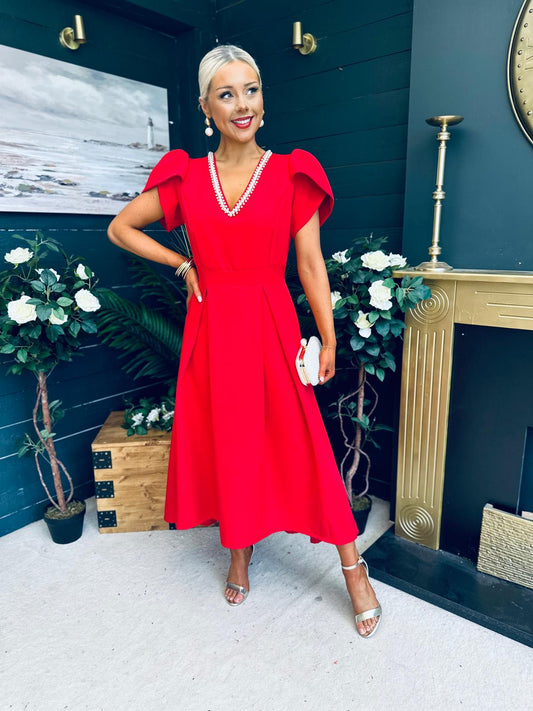 Penelope Pearl Detail Occasion Dress Red