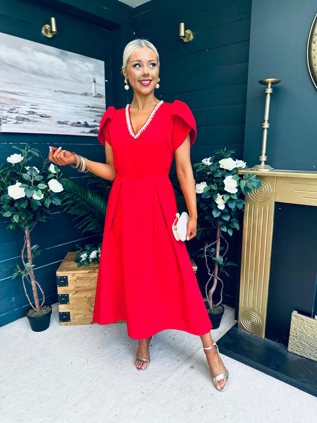 Penelope Pearl Detail Occasion Dress Red
