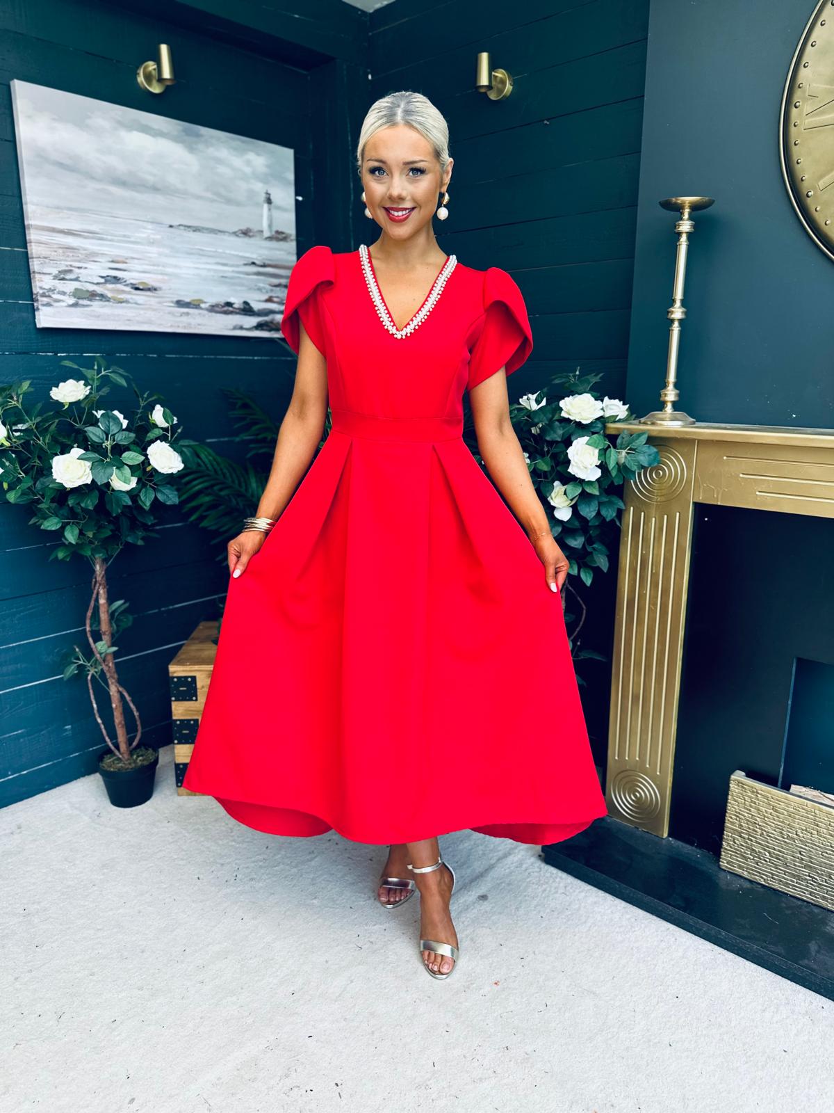 Penelope Pearl Detail Occasion Dress Red