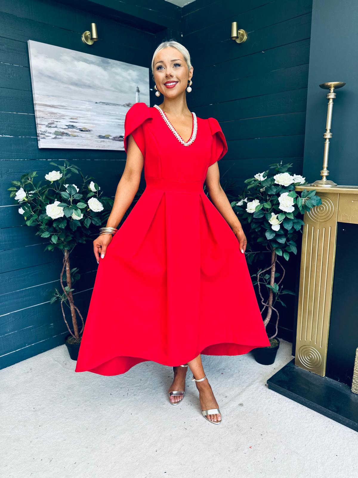 Penelope Pearl Detail Occasion Dress Red