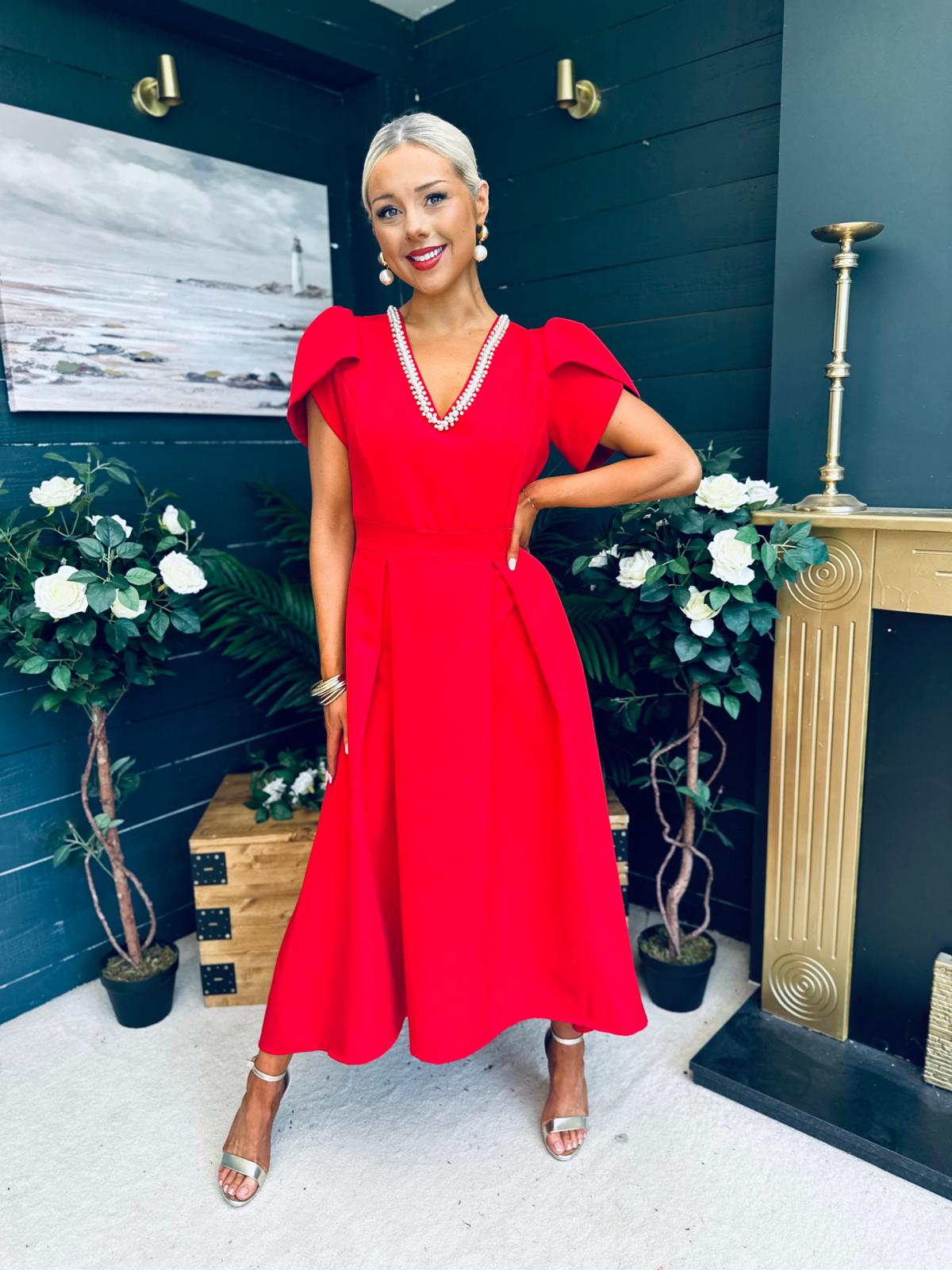 Penelope Pearl Detail Occasion Dress Red