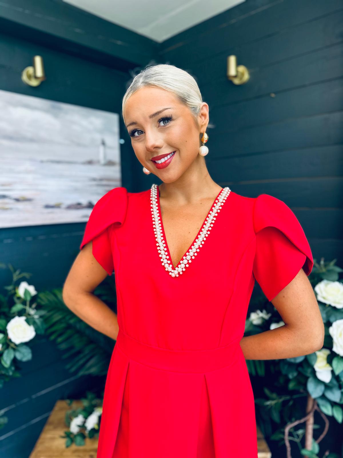 Penelope Pearl Detail Occasion Dress Red