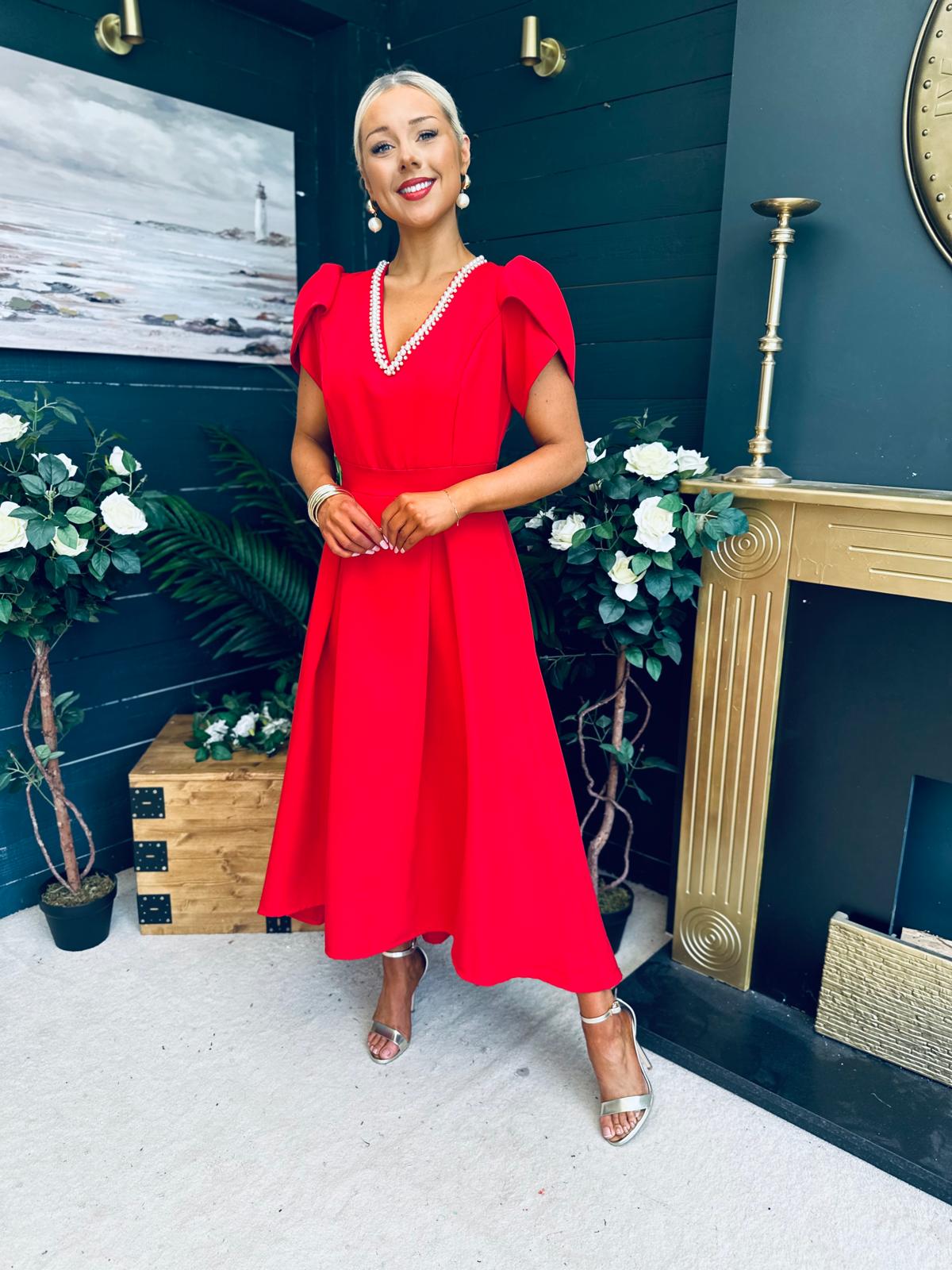 Penelope Pearl Detail Occasion Dress Red