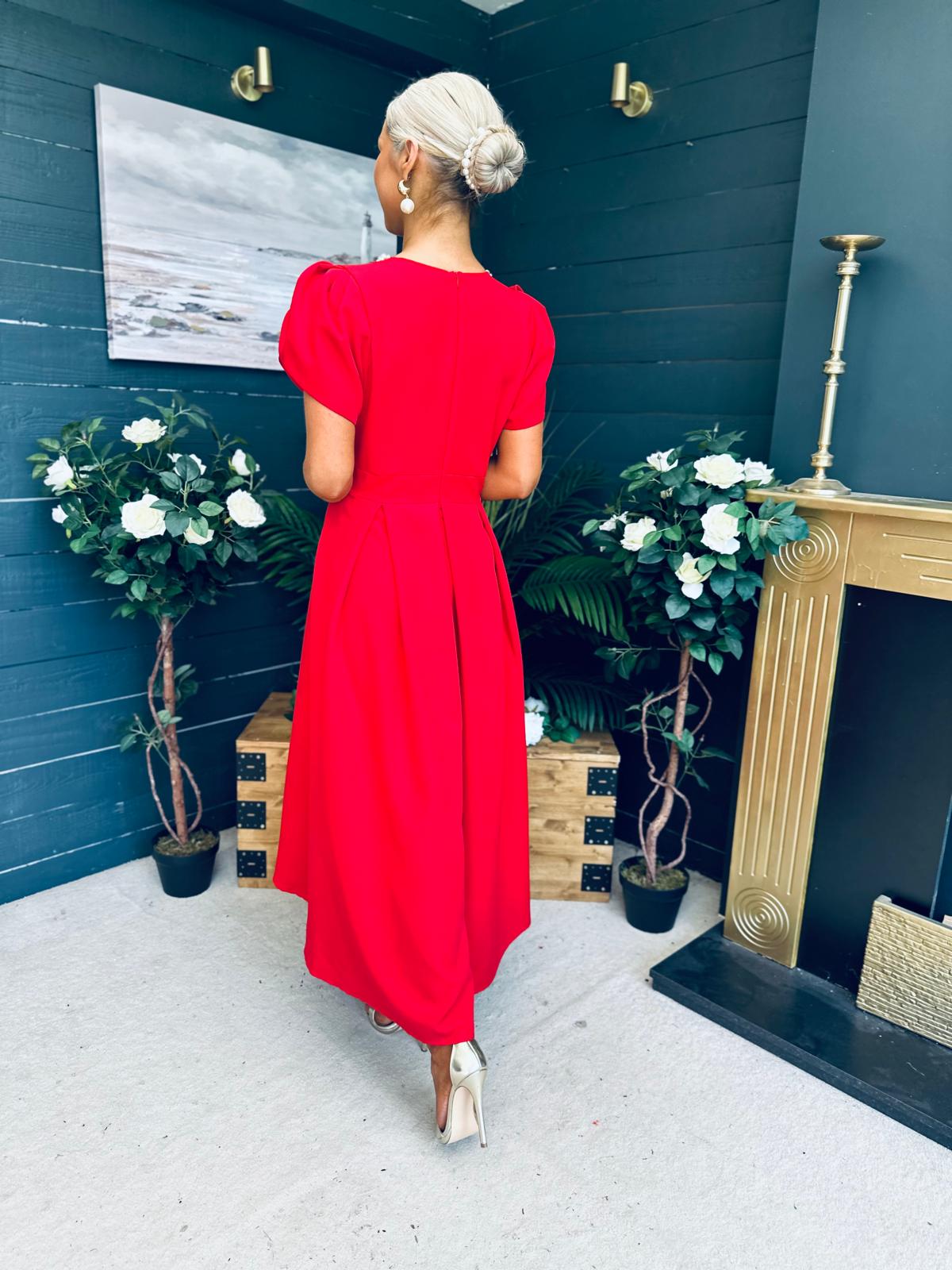 Penelope Pearl Detail Occasion Dress Red