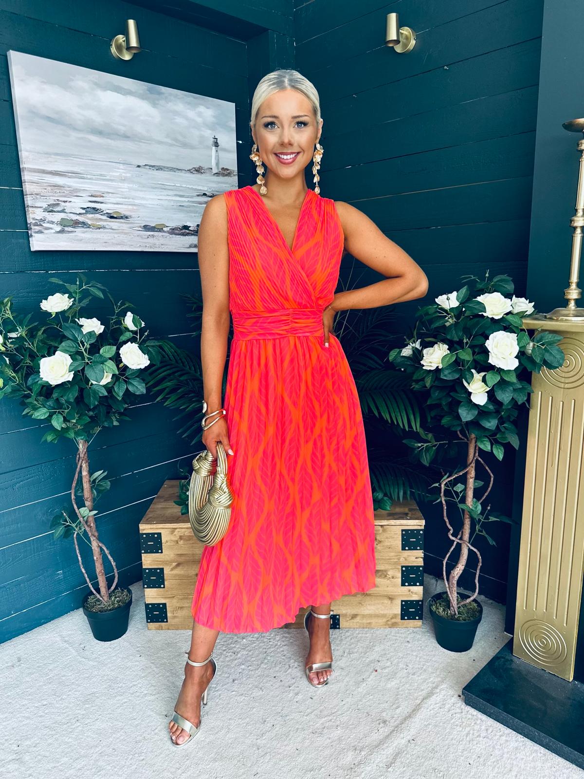 Michelle Banded Midi Dress Pink Orange