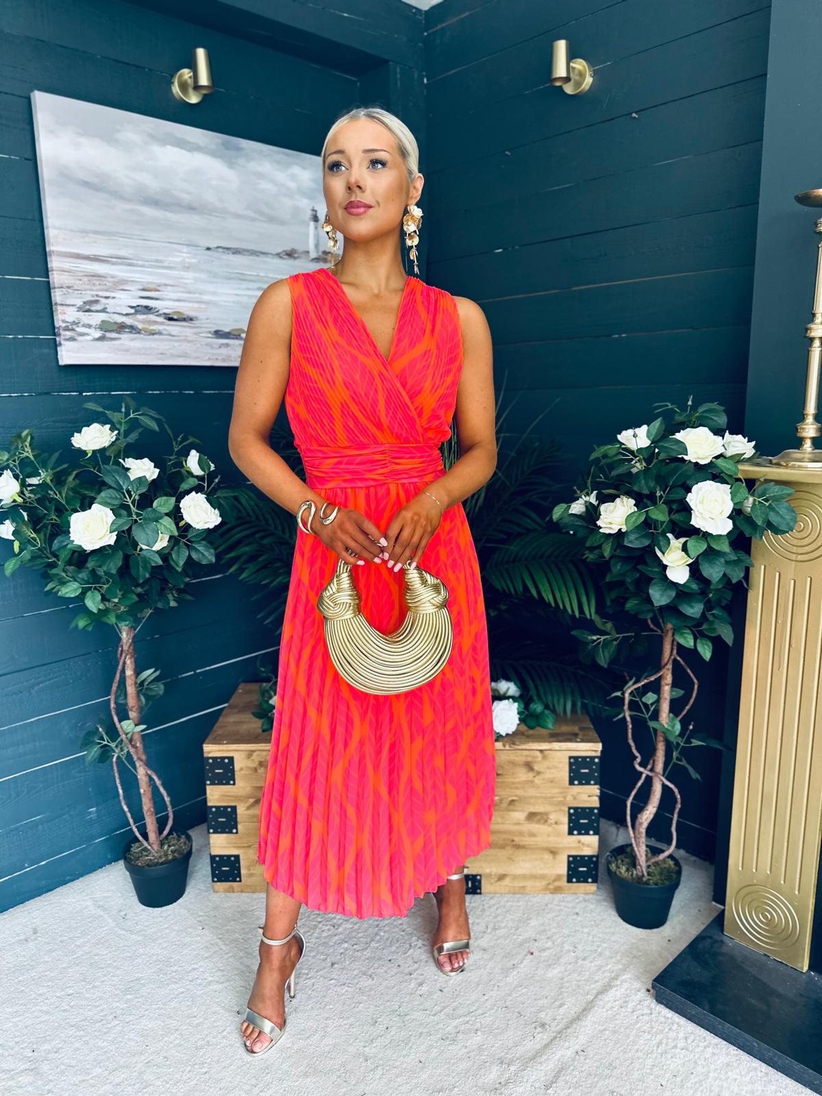 Michelle Banded Midi Dress Pink Orange