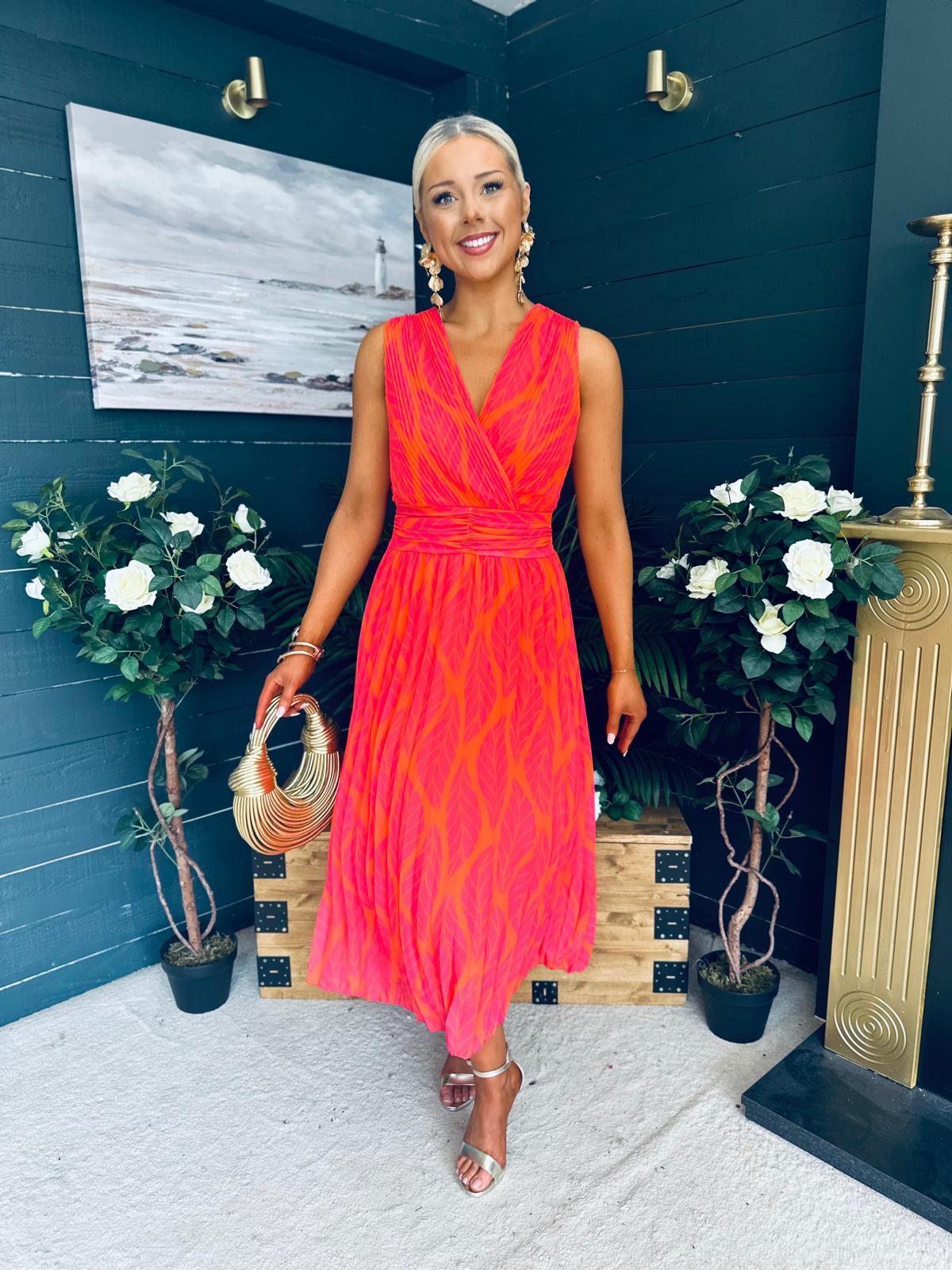 Michelle Banded Midi Dress Pink Orange