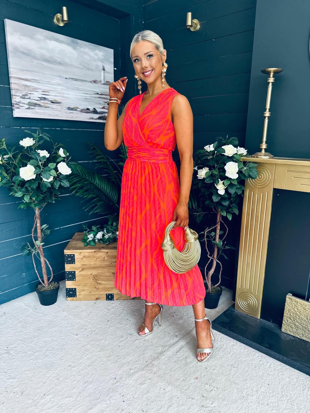 Michelle Banded Midi Dress Pink Orange