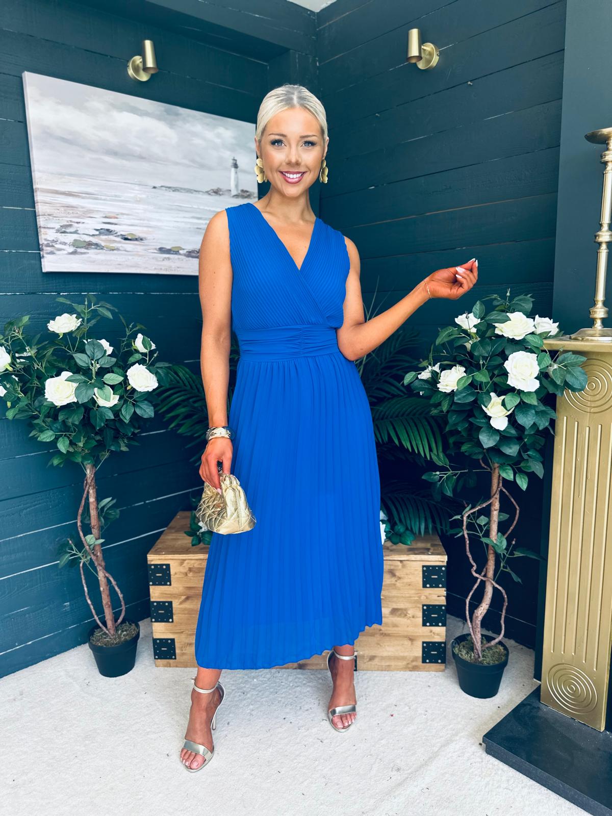 Frankie Pleated Midi Dress Cobalt