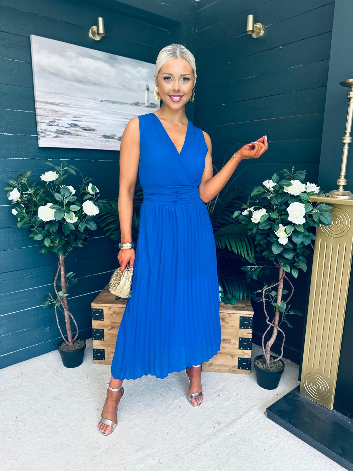 Frankie Pleated Midi Dress Cobalt