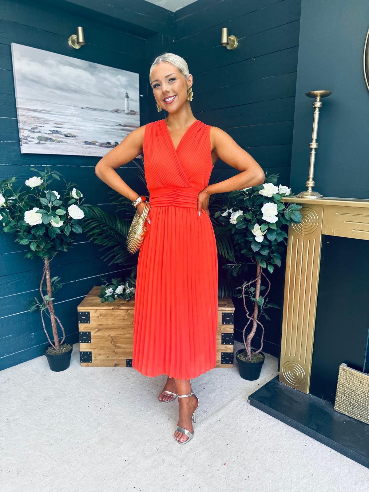 Frankie Pleated Midi Dress Orange