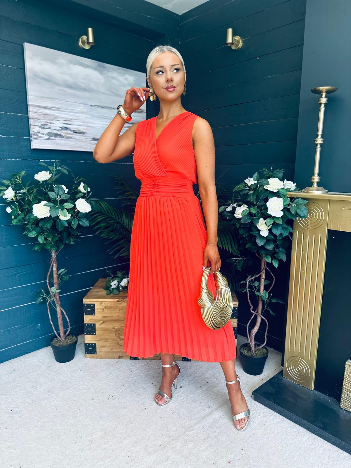 Frankie Pleated Midi Dress Orange