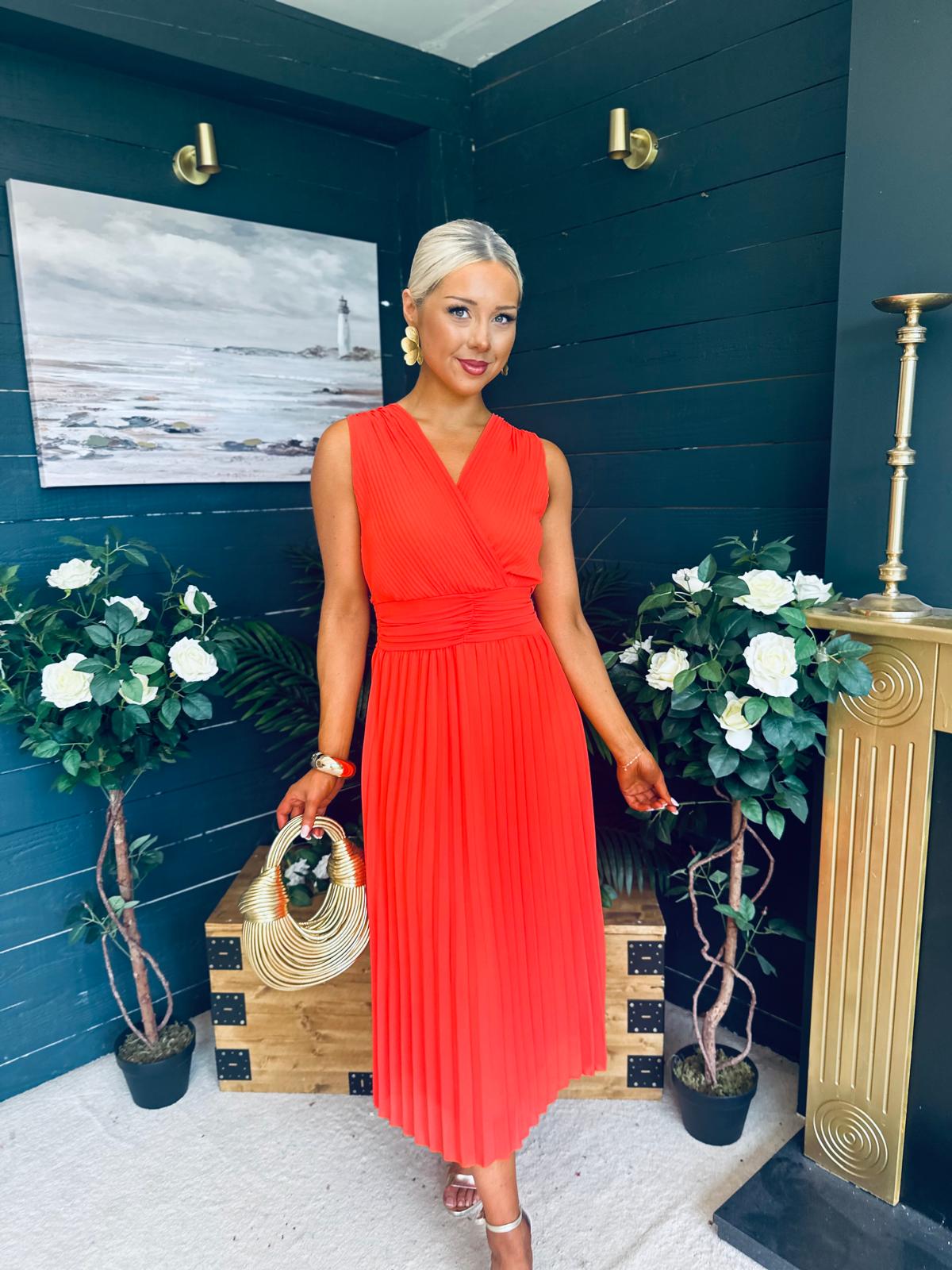 Frankie Pleated Midi Dress Orange