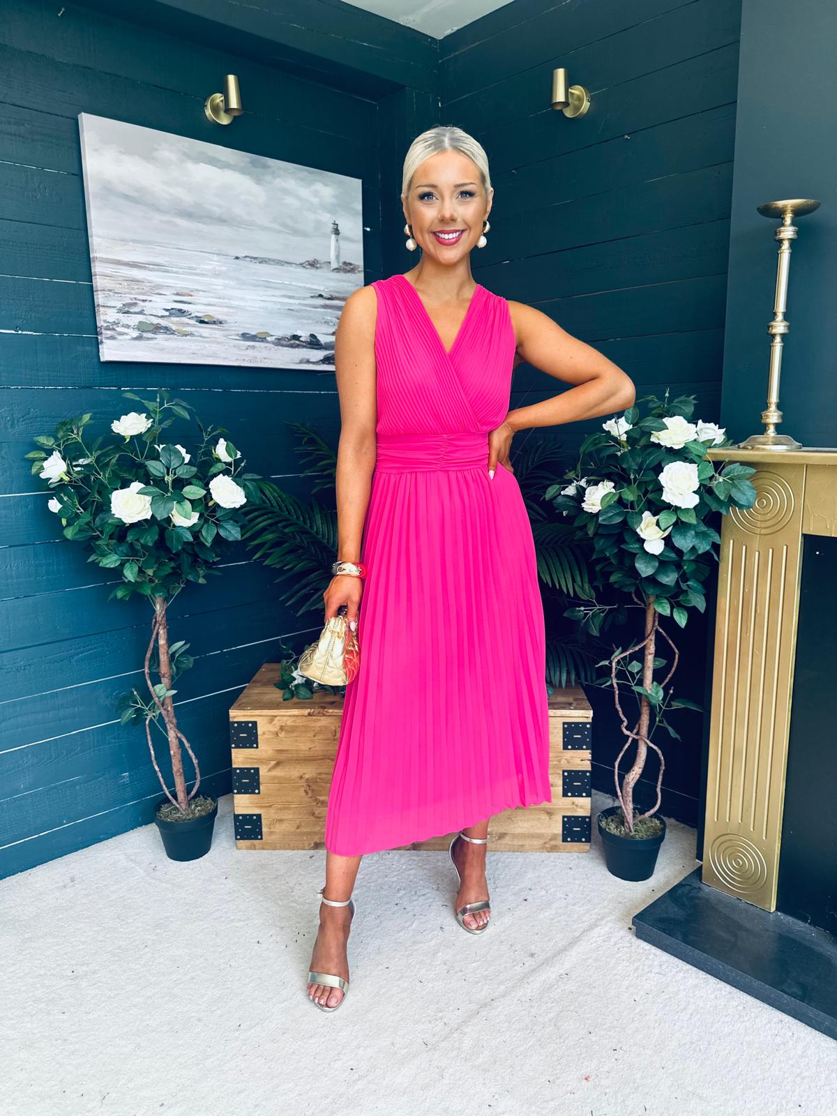 Frankie Pleated Midi Dress Hot Pink