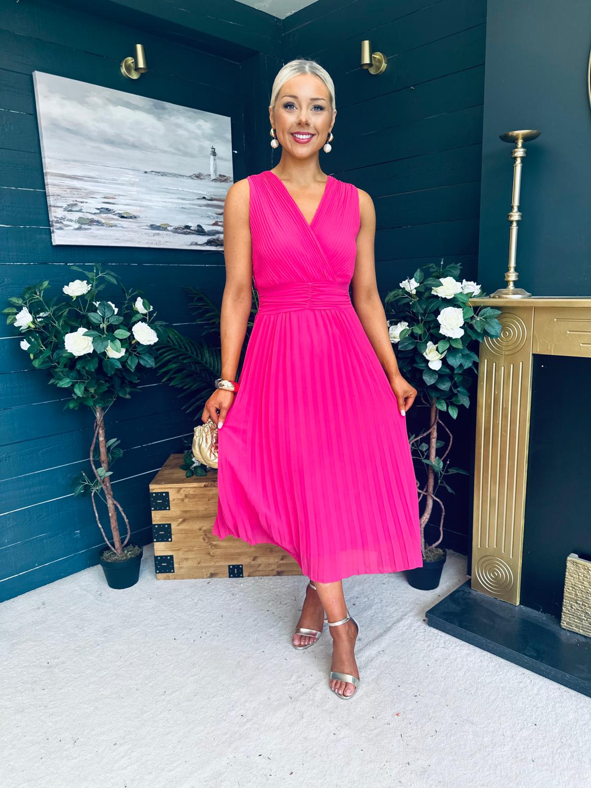 Frankie Pleated Midi Dress Hot Pink