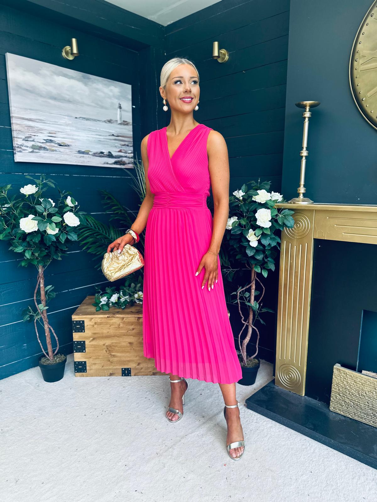 Frankie Pleated Midi Dress Hot Pink