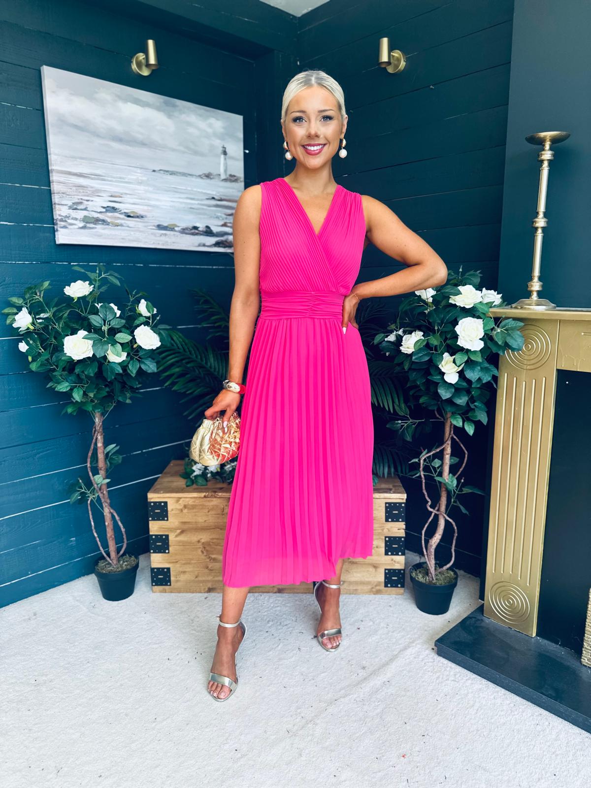 Frankie Pleated Midi Dress Hot Pink