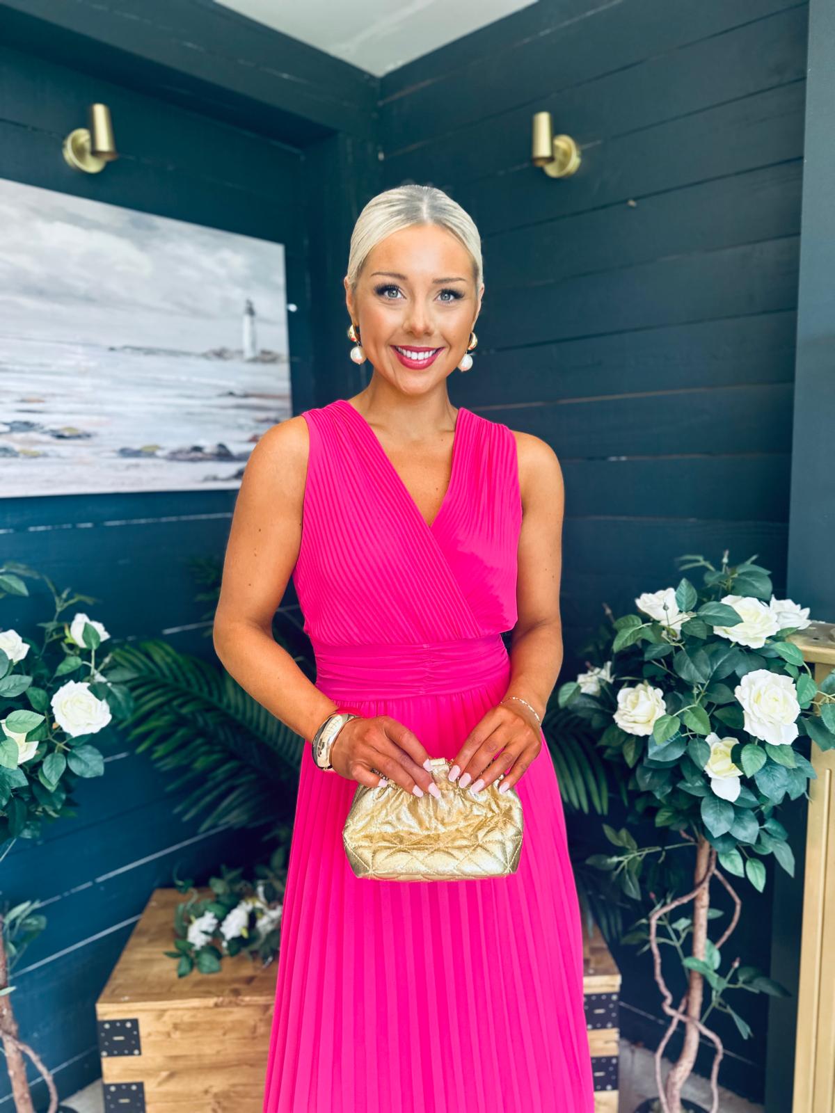 Frankie Pleated Midi Dress Hot Pink