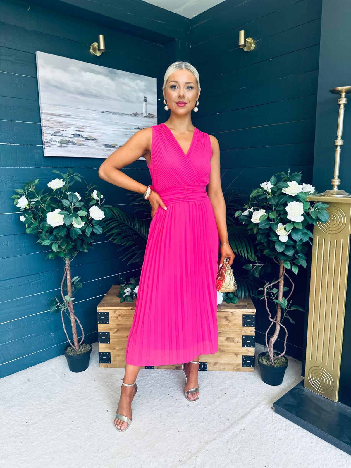 Frankie Pleated Midi Dress Hot Pink