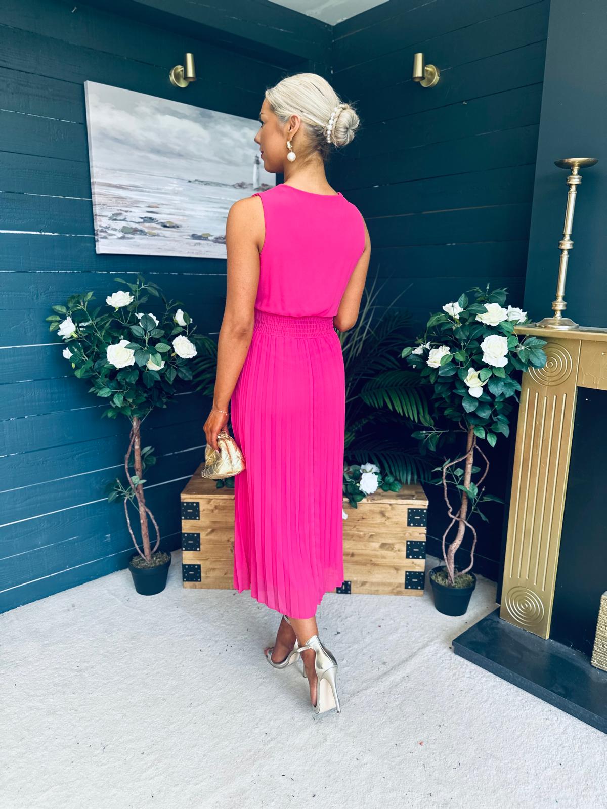 Frankie Pleated Midi Dress Hot Pink