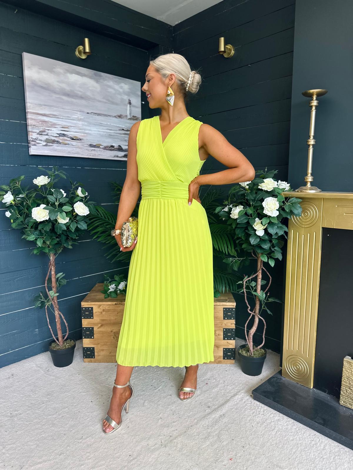 Frankie Pleated Midi Dress Lime