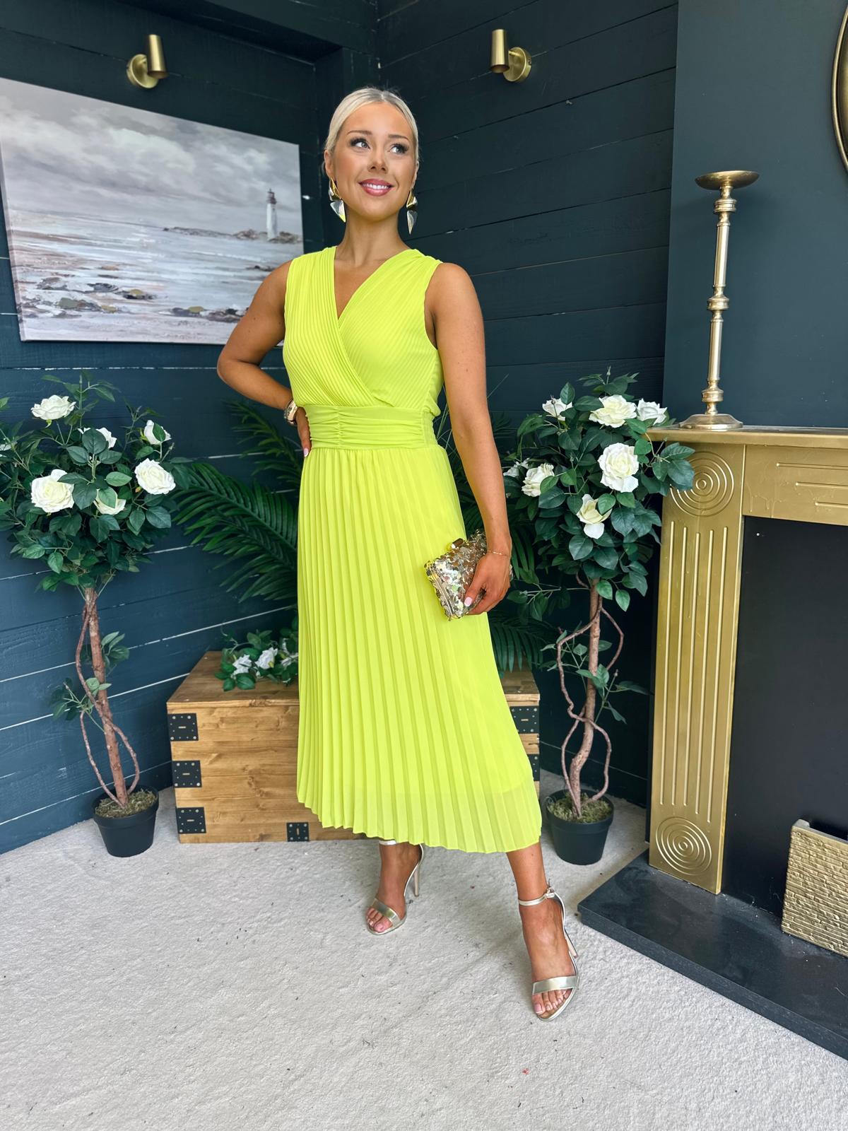 Frankie Pleated Midi Dress Lime