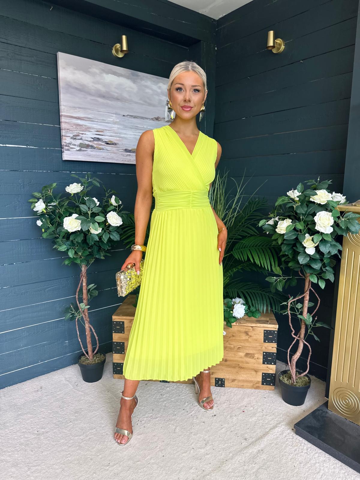 Frankie Pleated Midi Dress Lime