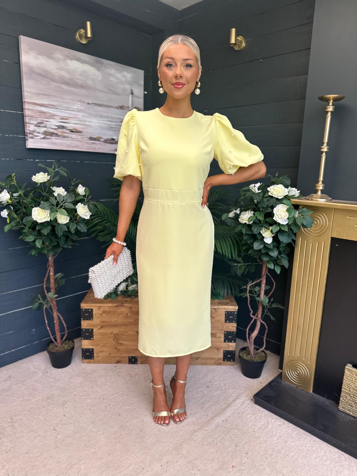Caitlyn Pearl Embellished Occasion Dress Yellow