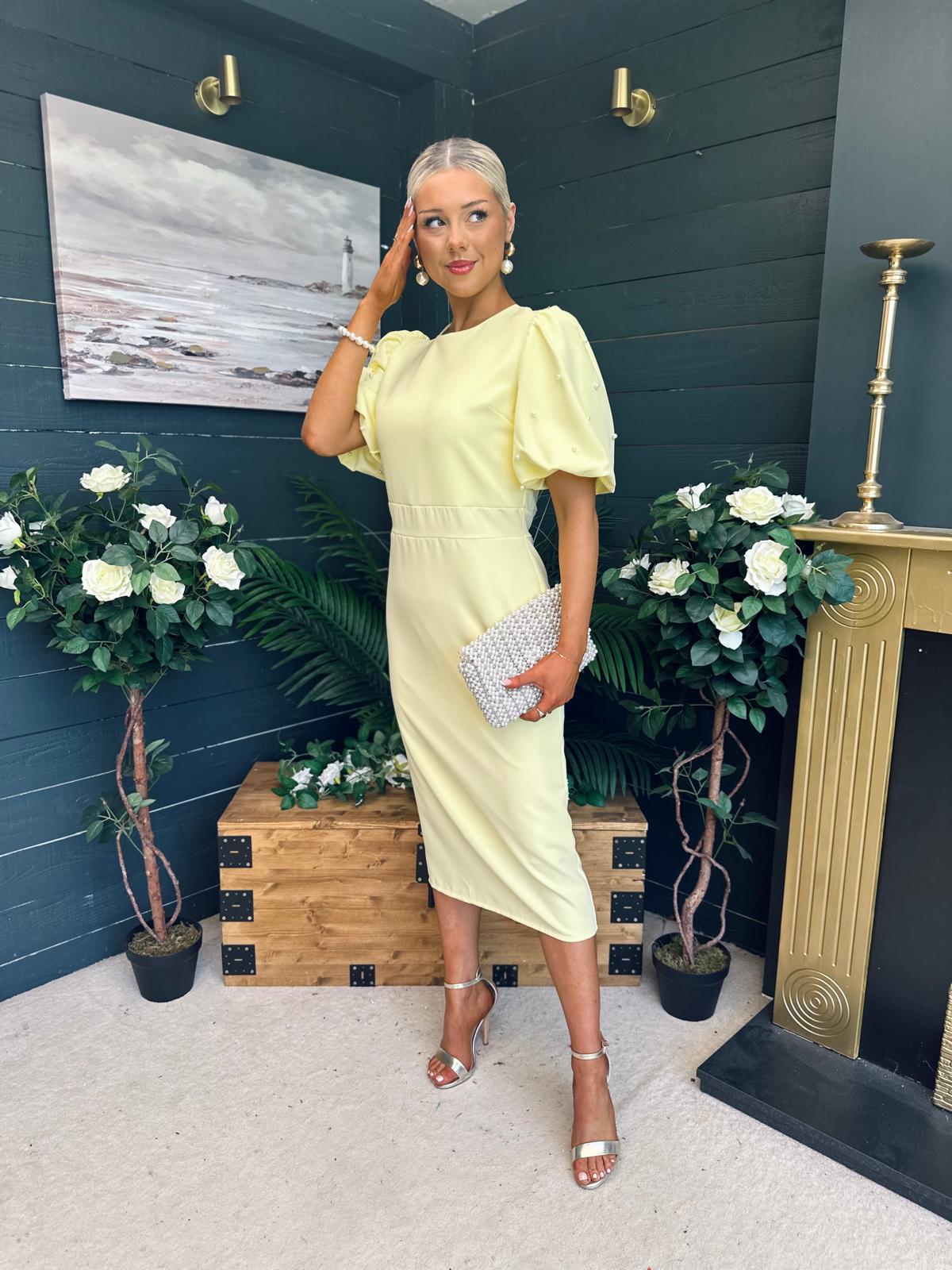 Caitlyn Pearl Embellished Occasion Dress Yellow