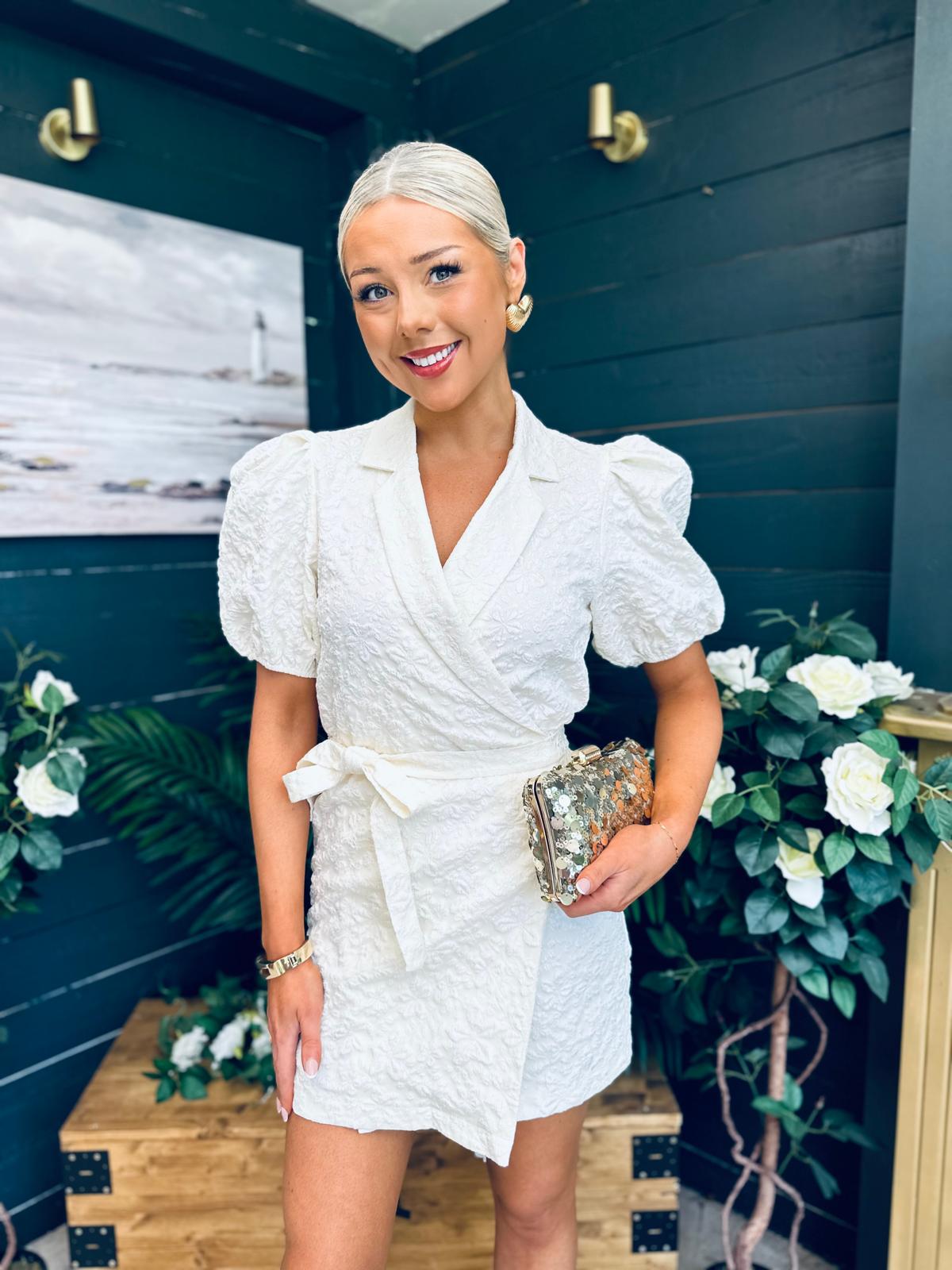 Clia Puff Sleeve Wrap Mini Dress White