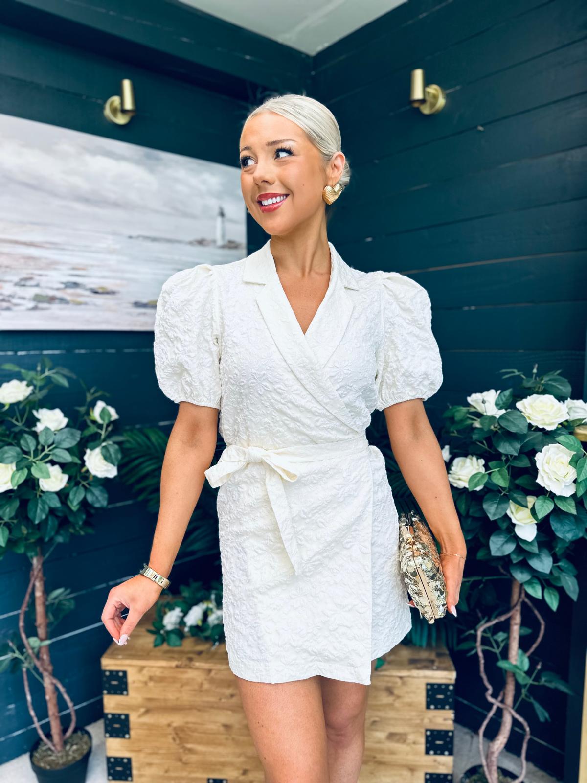 Clia Puff Sleeve Wrap Mini Dress White