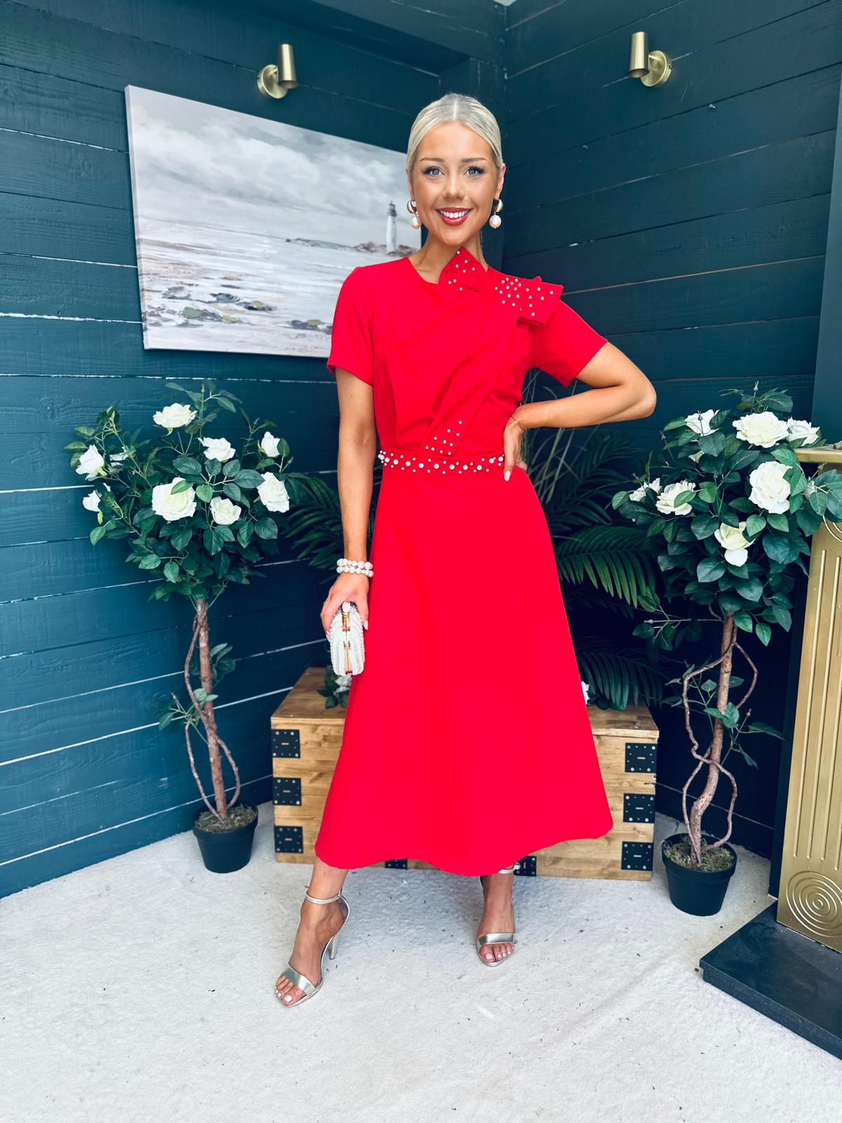 Blake Pearl Embellished Occasion Dress Red
