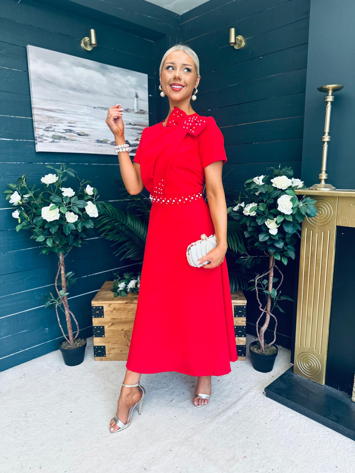 Blake Pearl Embellished Occasion Dress Red