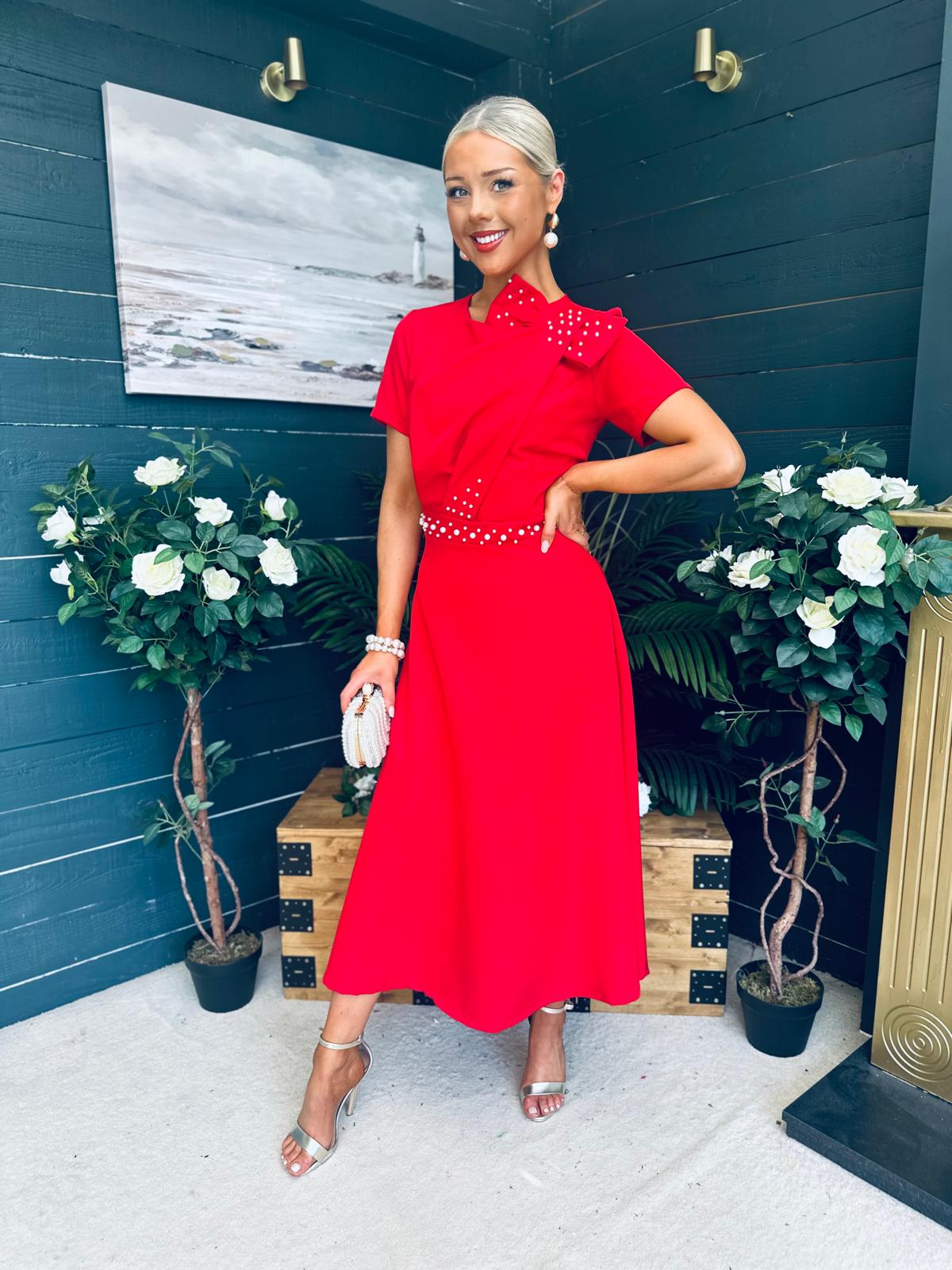 Blake Pearl Embellished Occasion Dress Red