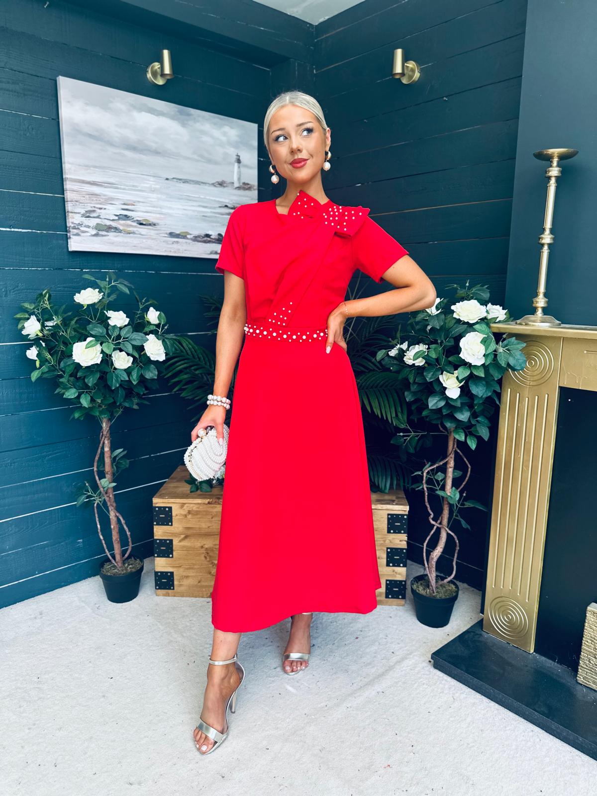 Blake Pearl Embellished Occasion Dress Red
