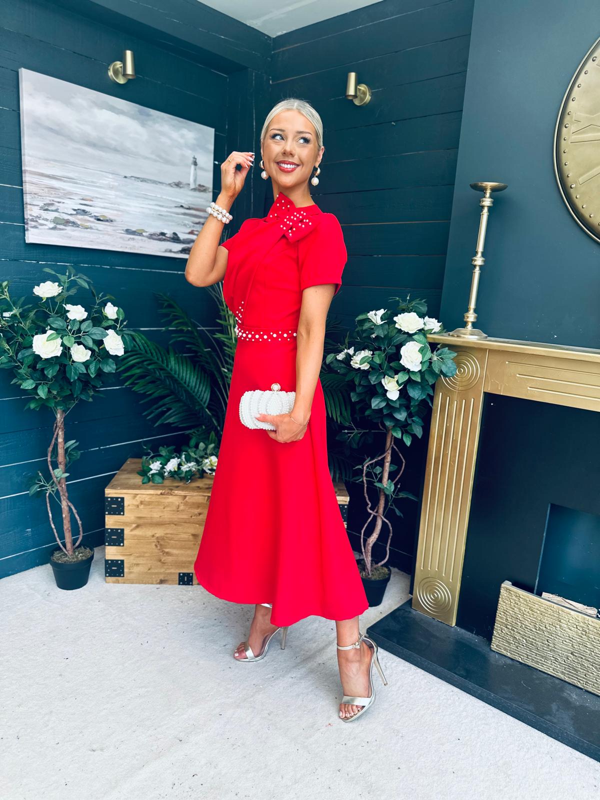 Blake Pearl Embellished Occasion Dress Red
