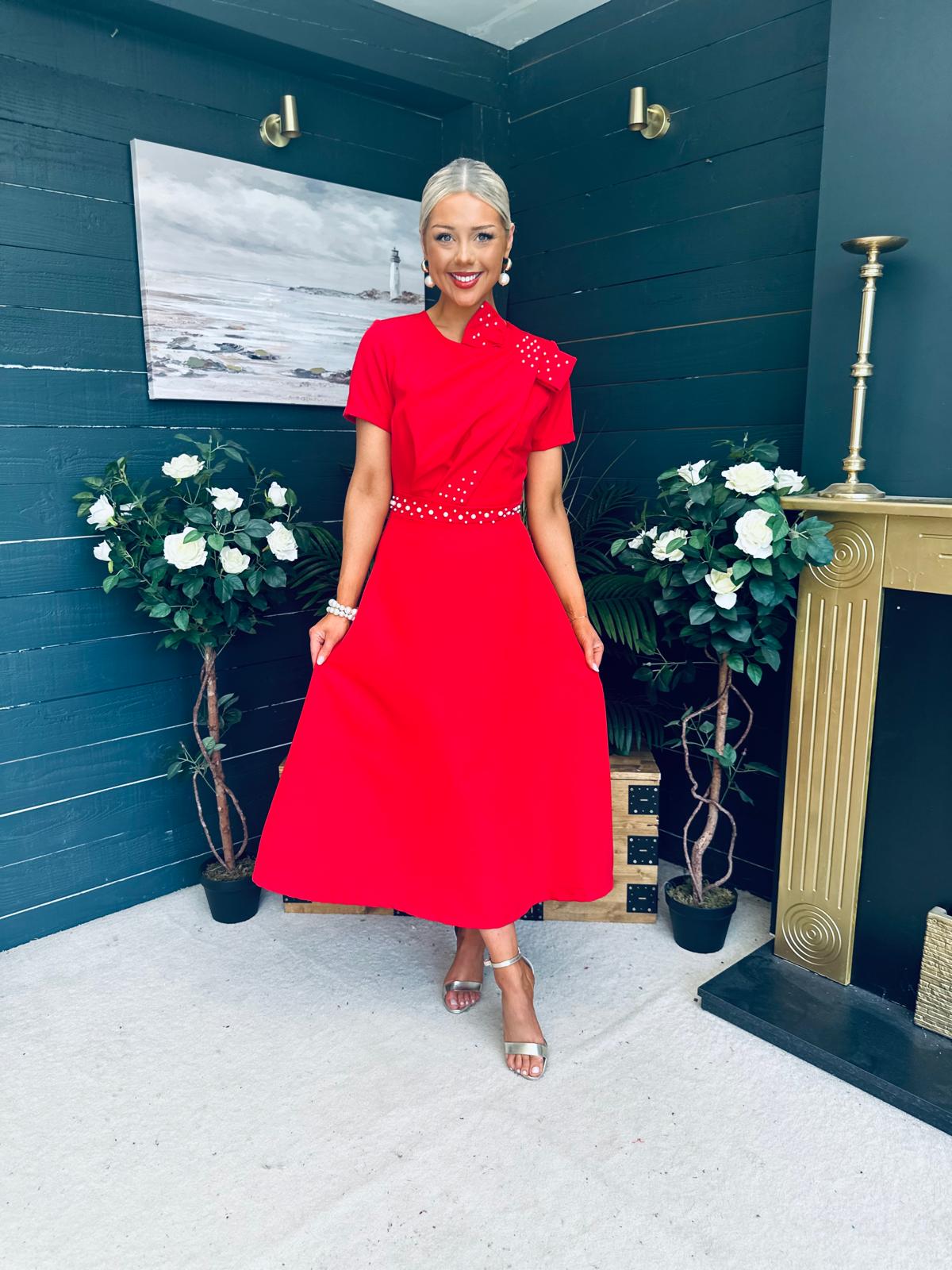 Blake Pearl Embellished Occasion Dress Red