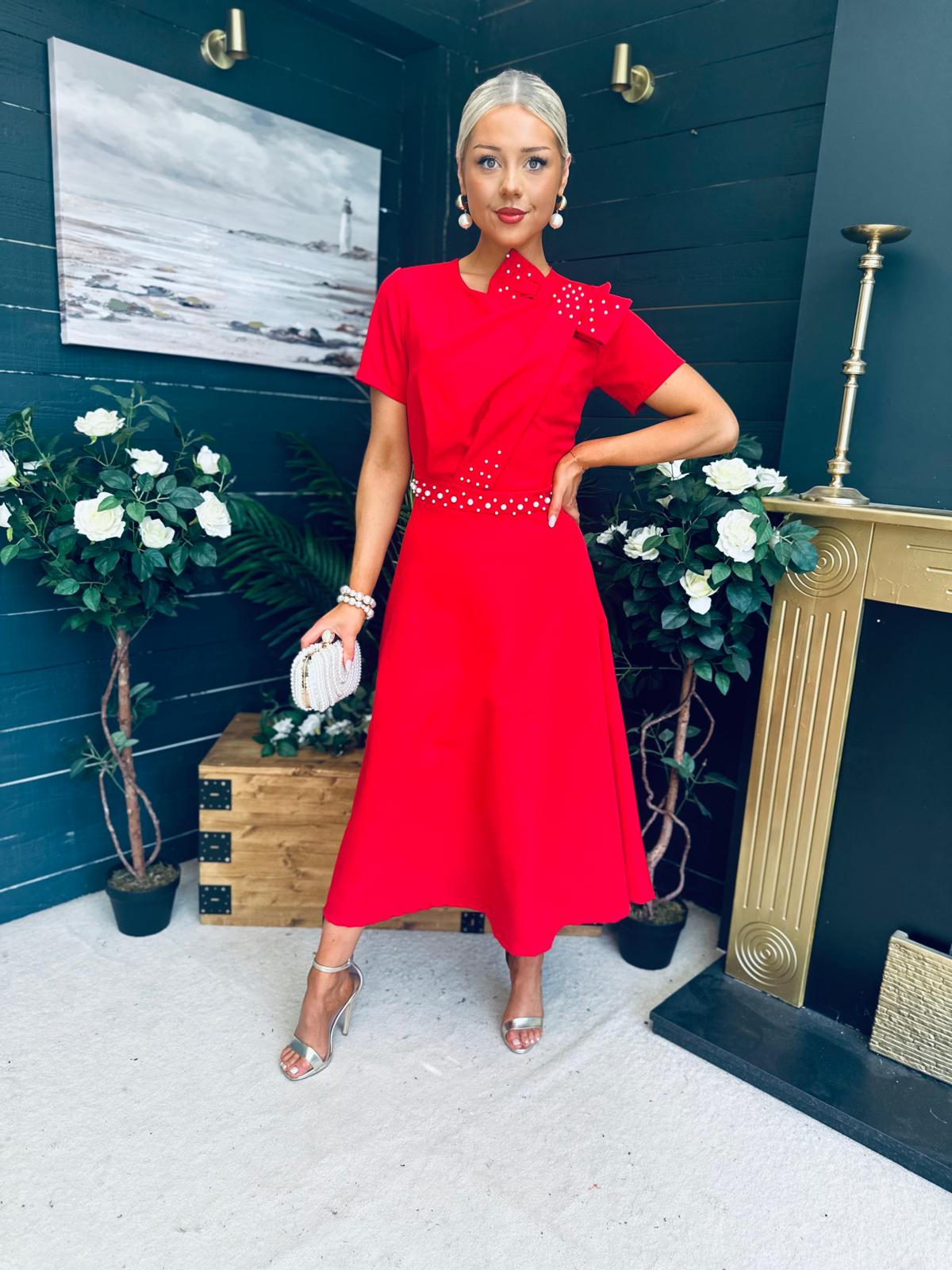 Blake Pearl Embellished Occasion Dress Red