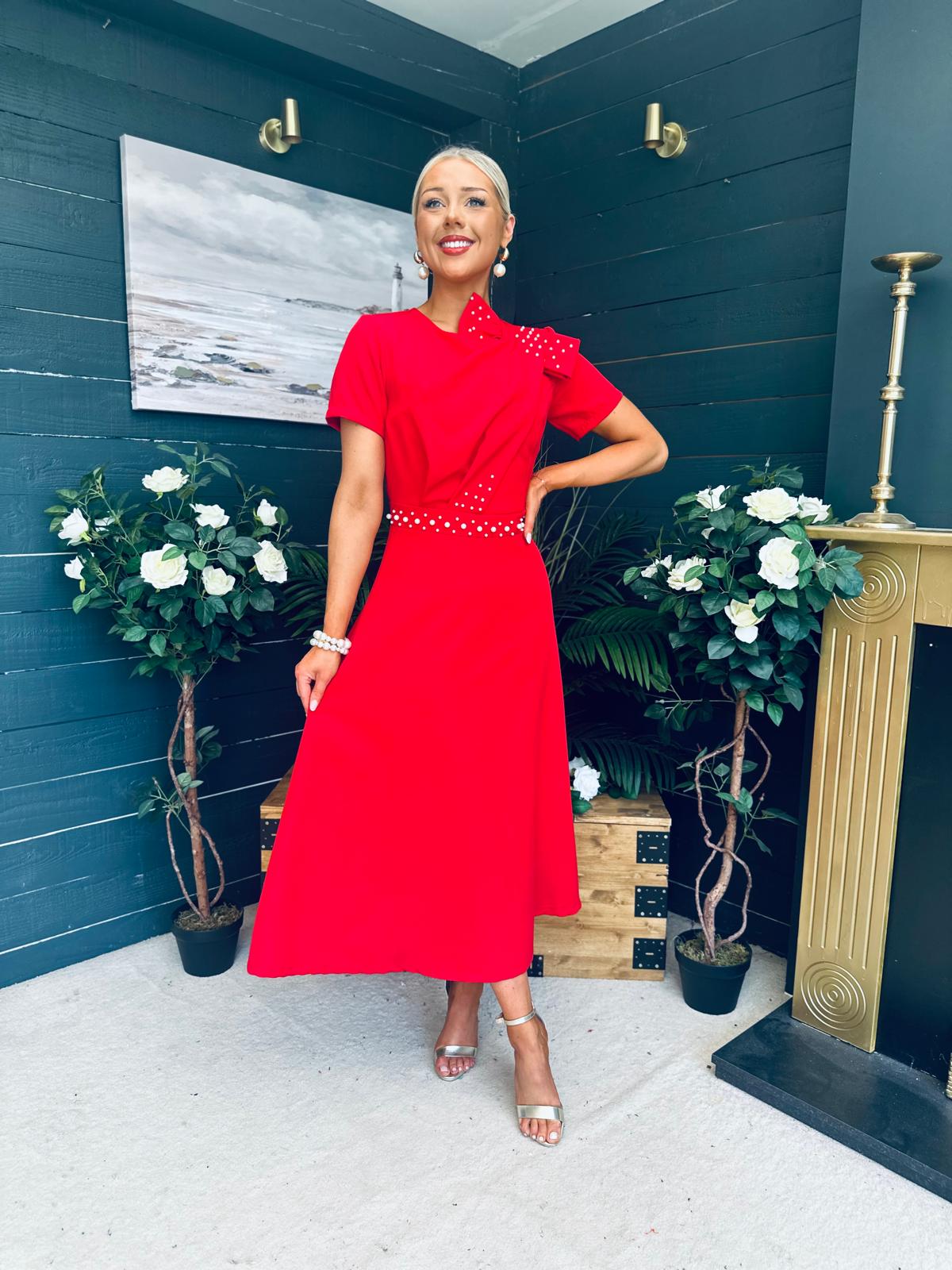 Blake Pearl Embellished Occasion Dress Red