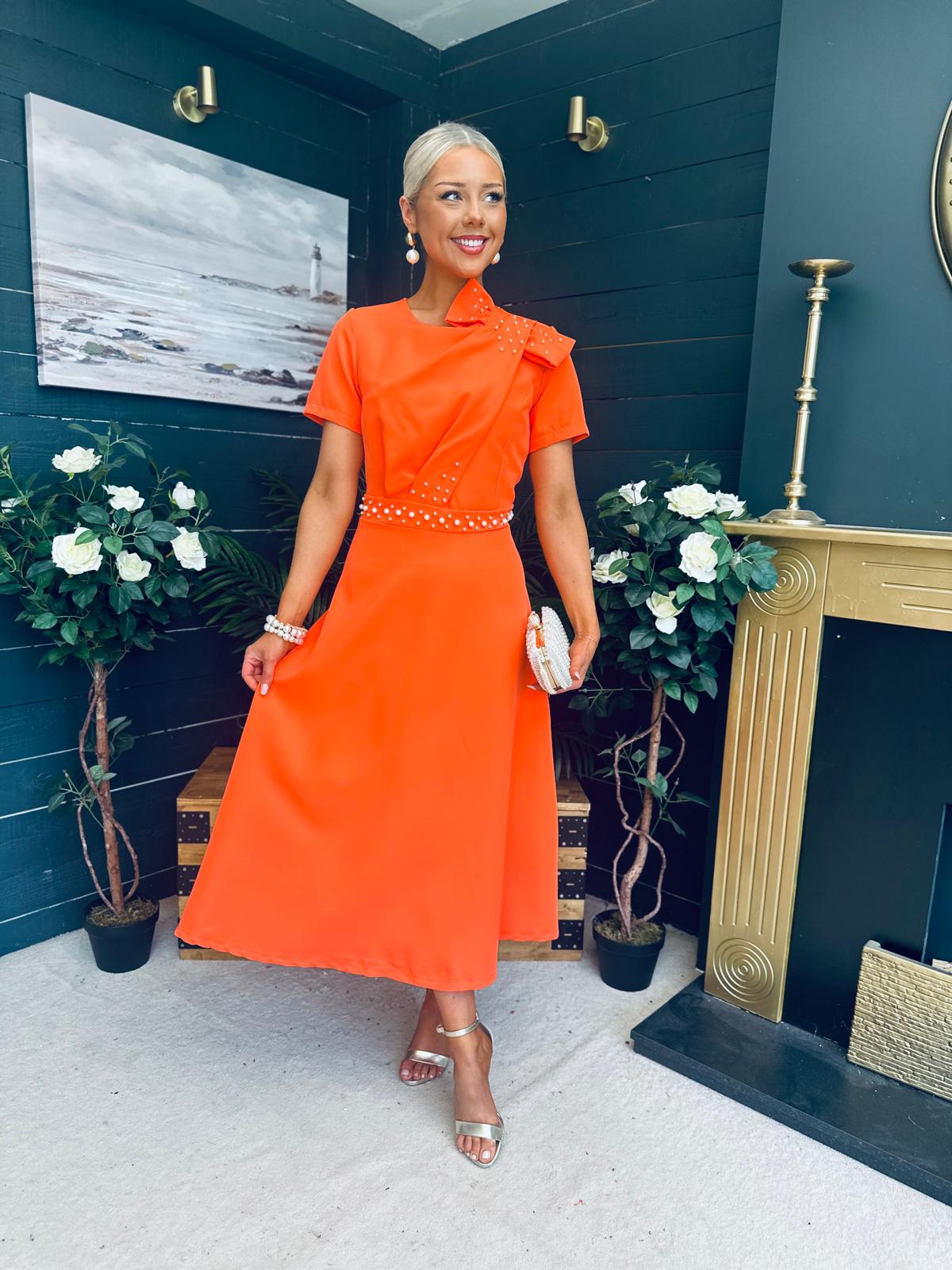 Blake Pearl Embellished Occasion Dress Orange