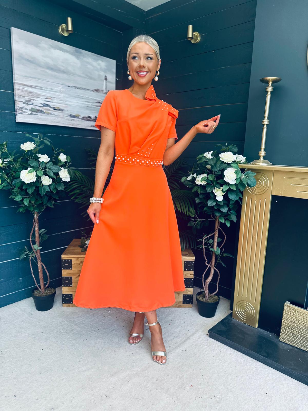 Blake Pearl Embellished Occasion Dress Orange