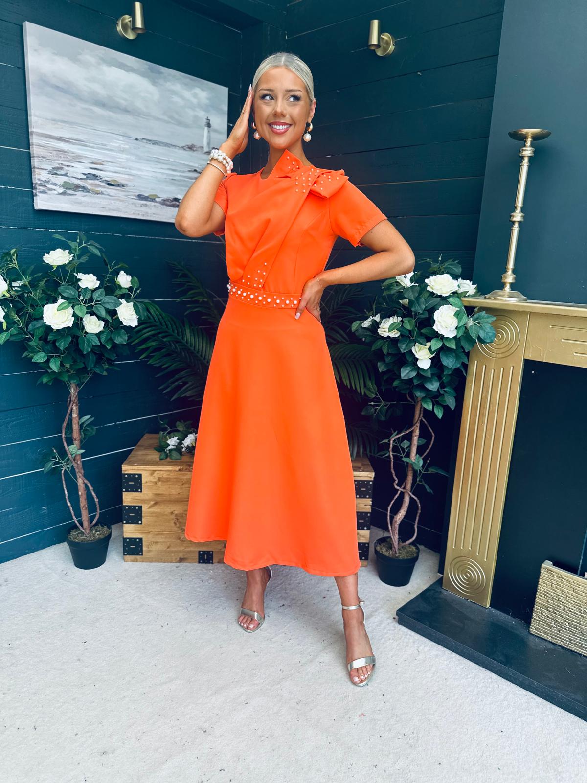 Blake Pearl Embellished Occasion Dress Orange
