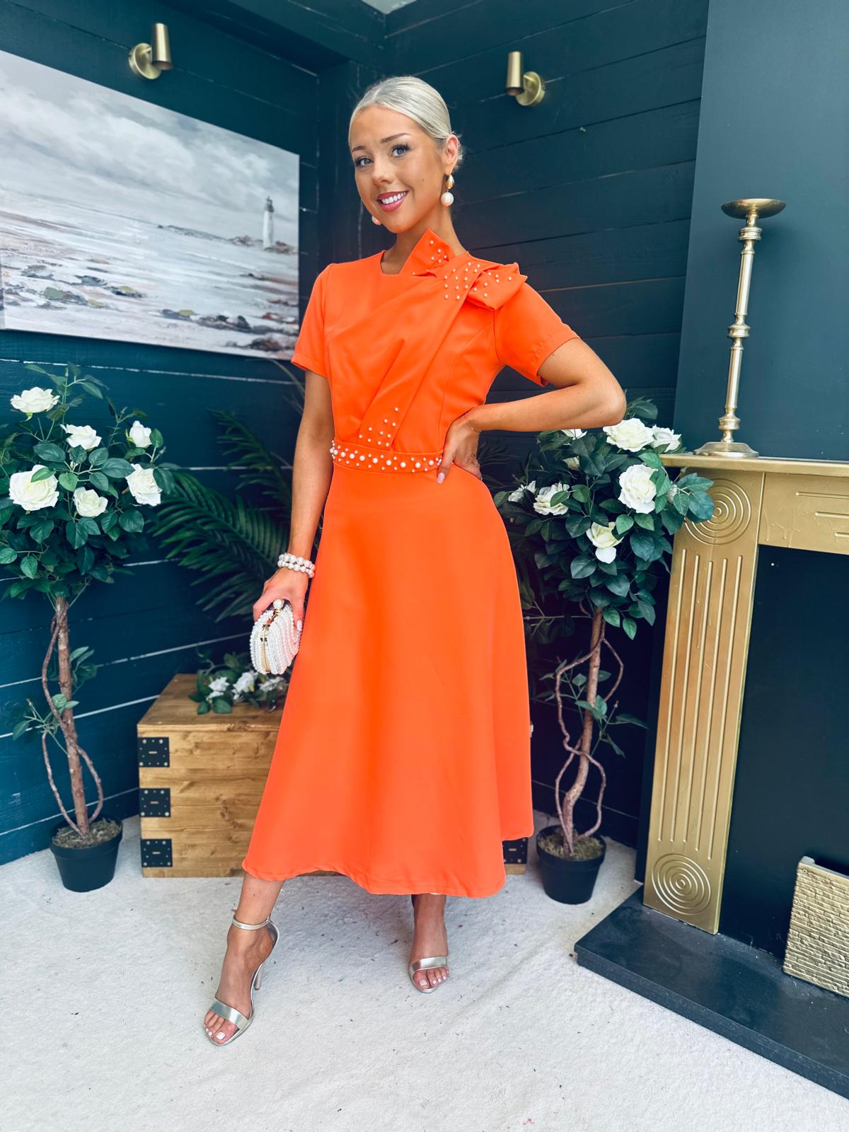 Blake Pearl Embellished Occasion Dress Orange