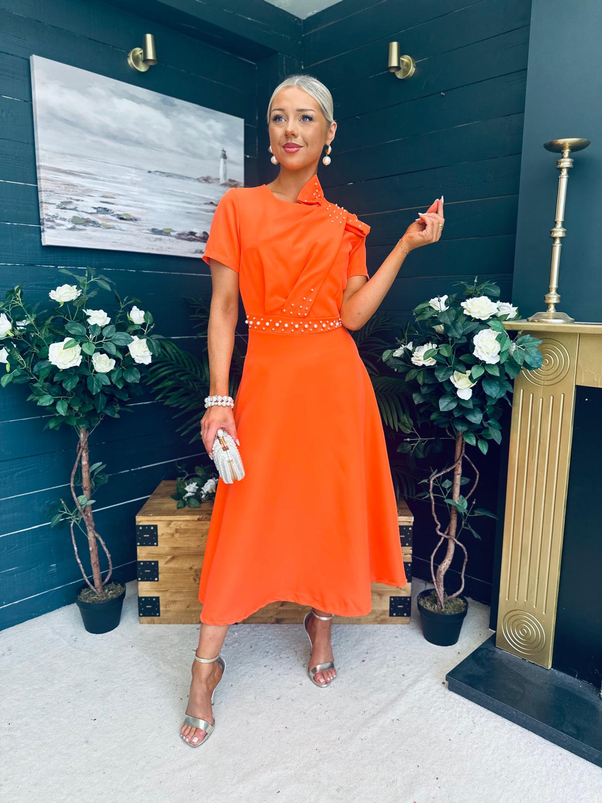 Blake Pearl Embellished Occasion Dress Orange