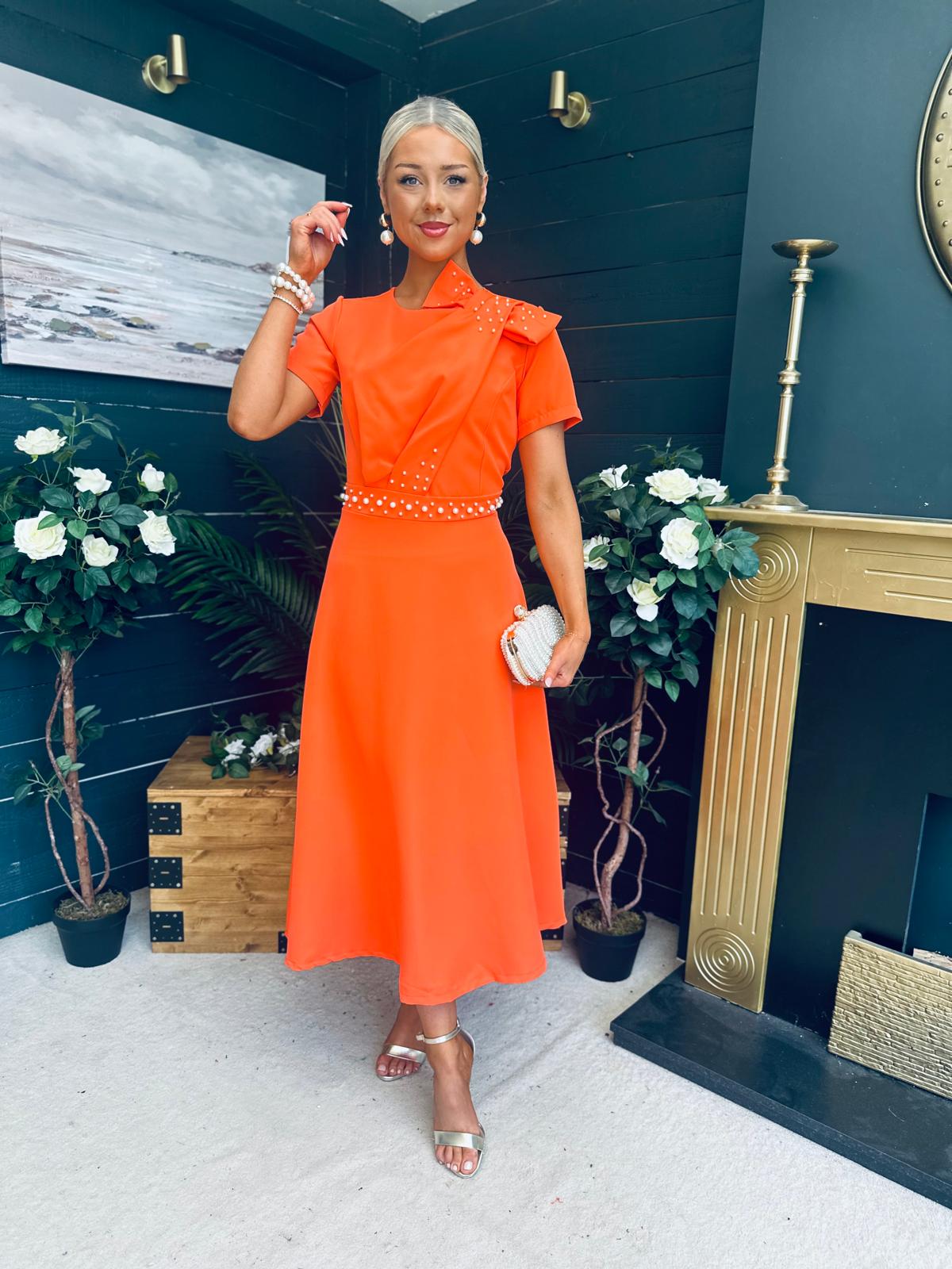 Blake Pearl Embellished Occasion Dress Orange